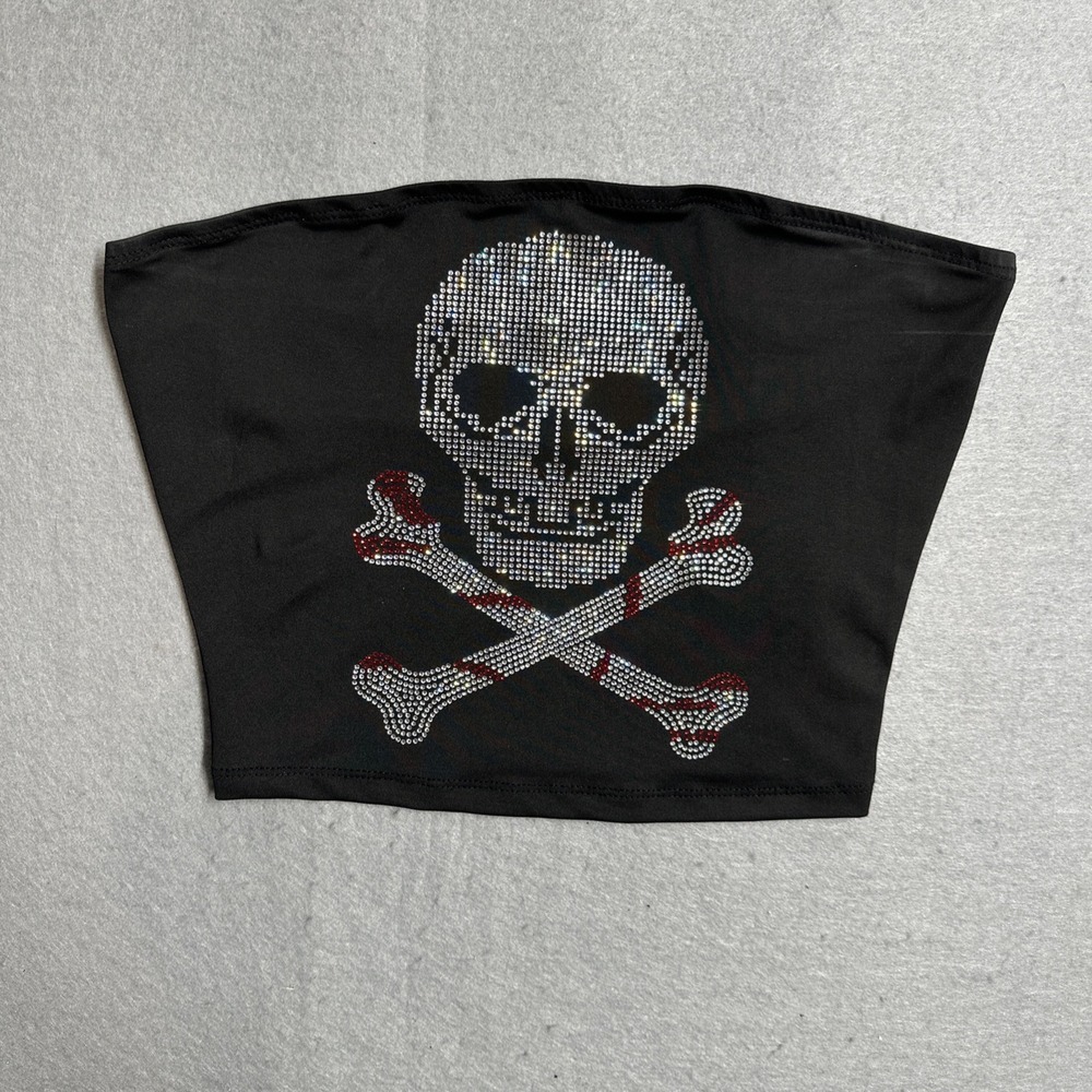 Romwe Rhinestone Skull And Crossbones Tube Top Size X Small (Sheer Black) Punk